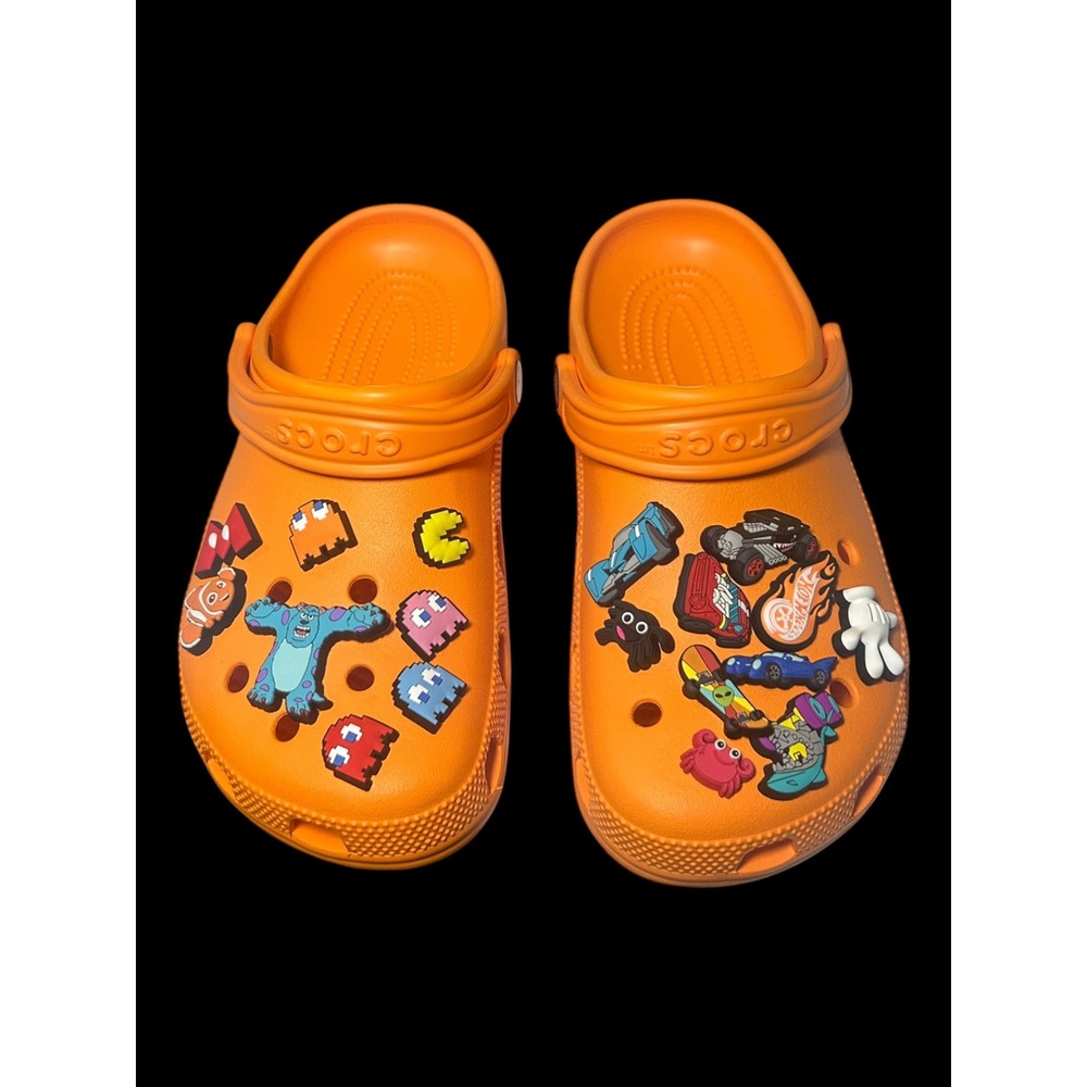 Crocs Classic Clogs Orange Mens 6 Womens 8 Custom Pac-Man Monster Inc Jibbitz